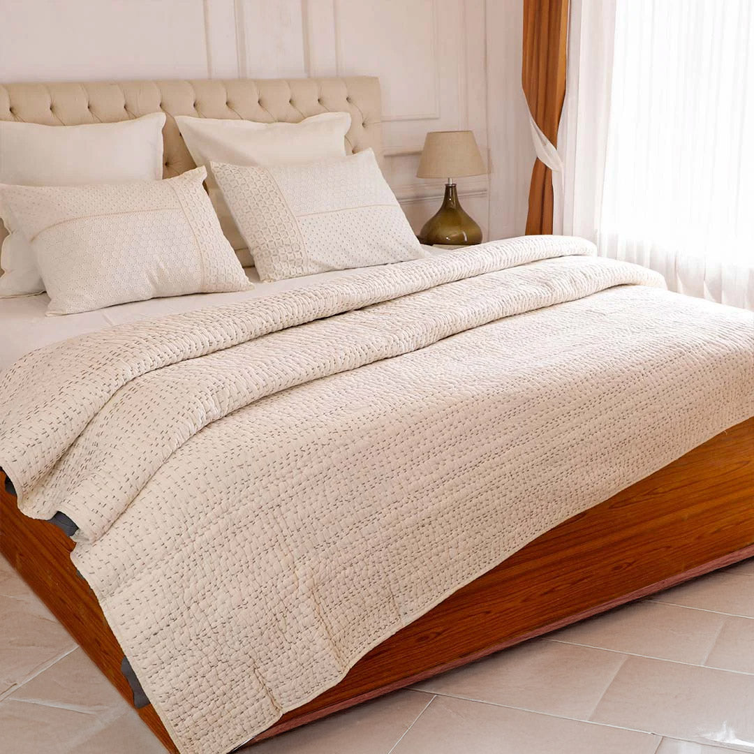 Ashen Pearl Kantha Queen Size Quilt
